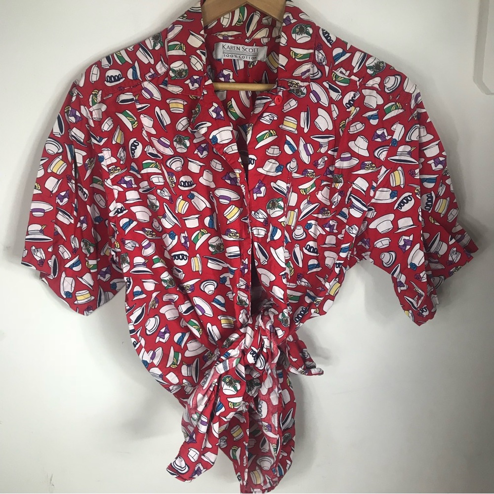 VINTAGE | 90s Karen Scott Red Hat Print Button Up